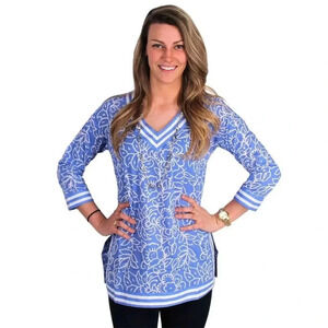 Gretchen Scott tunic cornflower blue cotton 3/4 sleeves Size XS